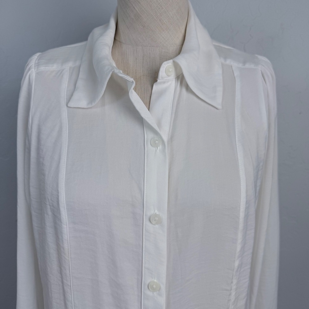 Free People White Silky Long Sleeve Button Down Blouse Textured Seam Detail XS - Picture 4 of 9